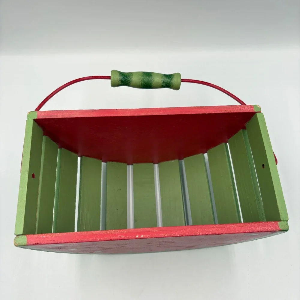 Watermelon Basket Decor Pink Good Wooden Slatted Wire Handle
